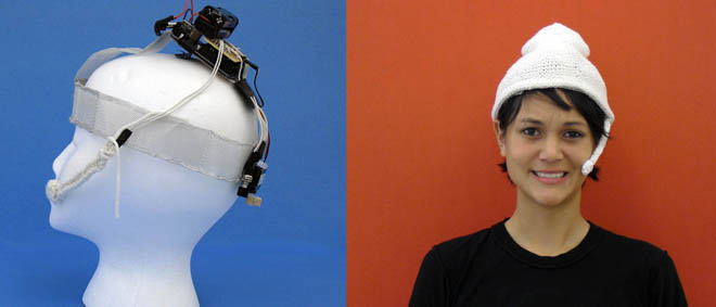 The Happiness Hat

Lauren McCarthy devised a stocking cap embedded with sensors that emit pain feedback if the user frowns. An enclosed bend sensor attaches to the cheek and measures smile size, and a servo motor moves a metal spike into the head inversely proportional to the degree of smile.

“Through repeated use of this conditioning device you can train your brain to smile all the time,” McCarthy says. Beyond her “wearable conditioning device,” which operates on the Arduino open source prototyping platform, McCarthy plans more so-called Tools for Improved Social Interacting. 